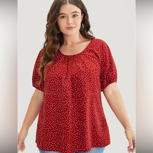 NWT- Bloomchic Polka Dot Pleated Round Neck Puff Sleeve Blouse - Picture 6 of 11